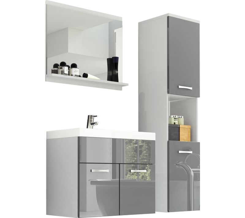 Salle De Bain Suspendue Lavabo Miroir + Colonne Blanc / Gris Brillant