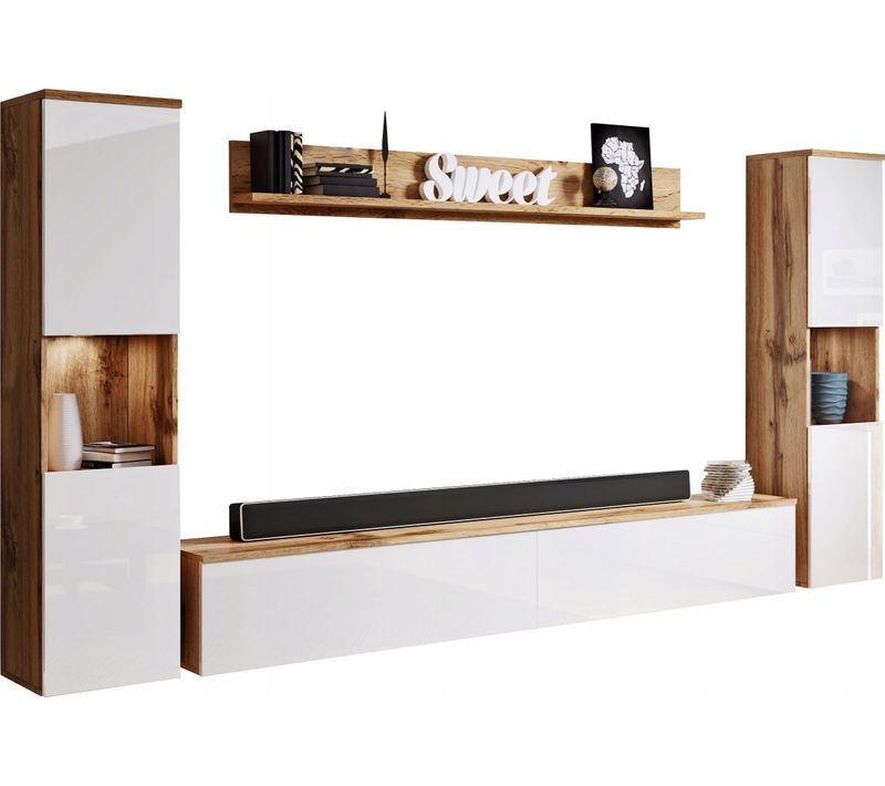 Mur TV 4 Pièces: 2 Colonnes + TV 180 Cm, Chêne Wotan / Blanc Brillant