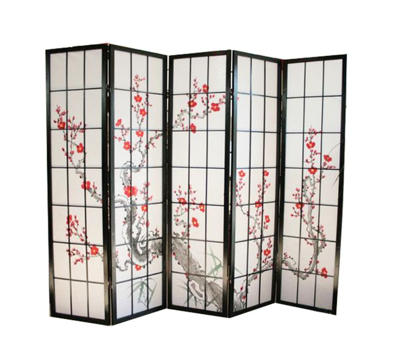 Paravent Japonais Fleur De Cerisier En Bois Noir De 5 Pans, L220 X H175 X P2 Cm