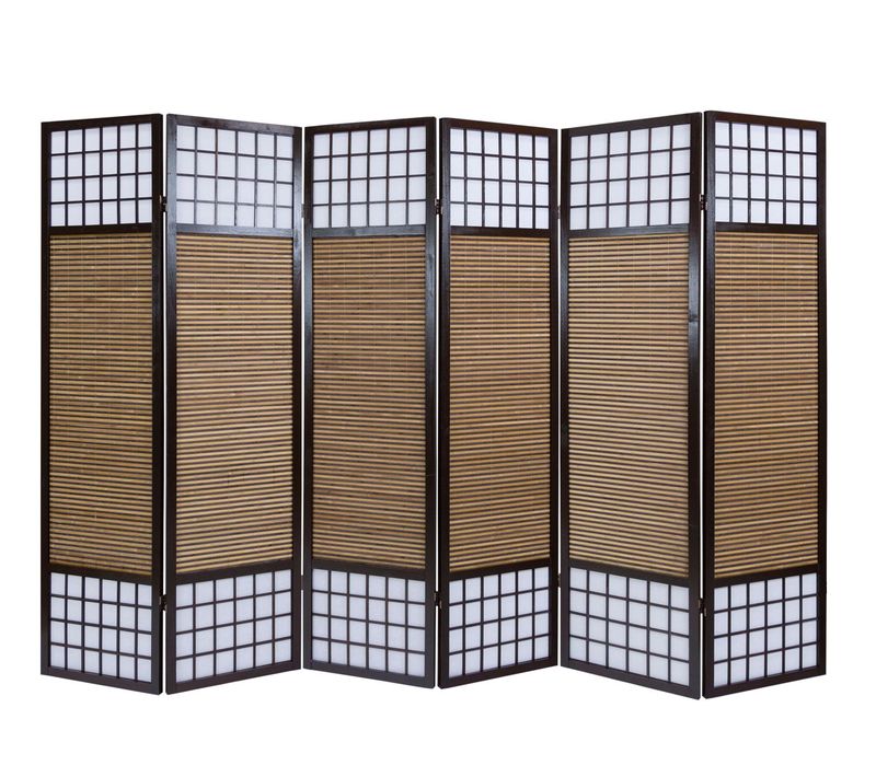 Paravent/séparateur De Pièce Japonais En Bois Avec Bambou De 6 Panneaux Coloris Marron