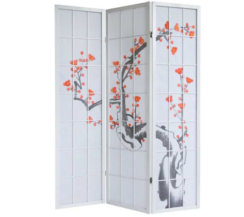 Paravent Japonais Fleur De Cerisier En Bois Blanc De 3 Pans, L132 X H175 X P2 Cm