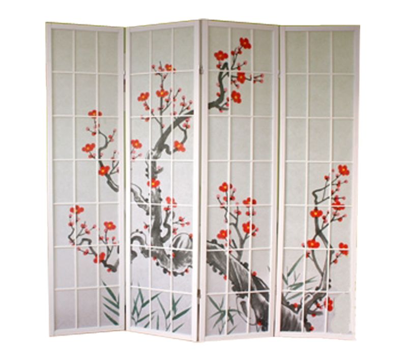 Paravent Japonais Fleur De Cerisier En Bois Blanc De 4 Pans, L176 X H175 X P2 Cm