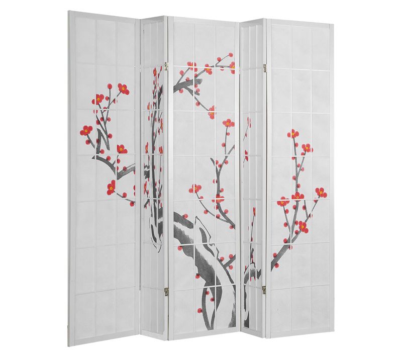 Paravent Japonais Fleur De Cerisier En Bois Blanc De 5 Pans, L220 X H175 X P2 Cm