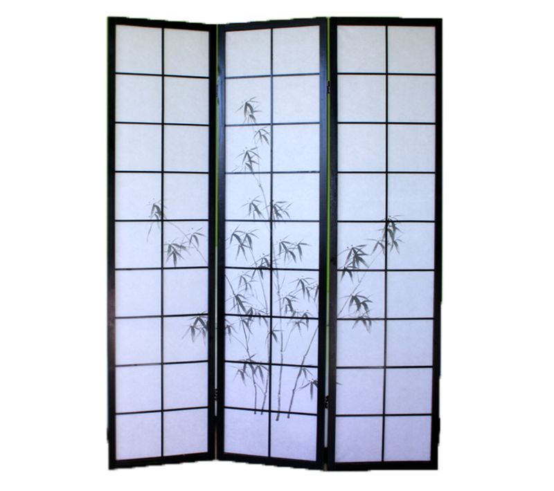 Paravent Japonais En Bois Noir Avec Dessin Bambou De 3 Pans