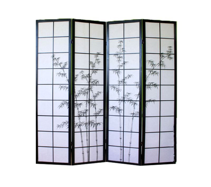 Paravent Japonais En Bois Noir Dessin Bambou De 4 Pans