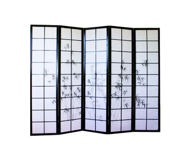 Paravent Japonais En Bois Noir Dessin Bambou De 5 Pans