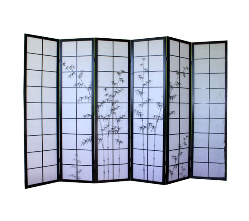 Paravent Japonais En Bois Noir Avec Dessin Bambou De 6 Pans