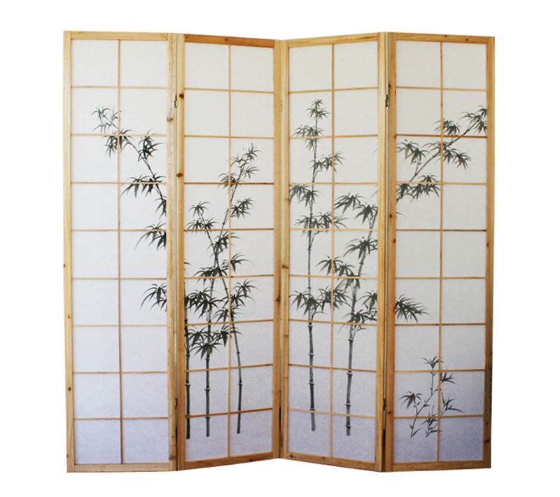 Paravent Japonais En Bois Naturel Avec Dessin Bambou 4 Pans