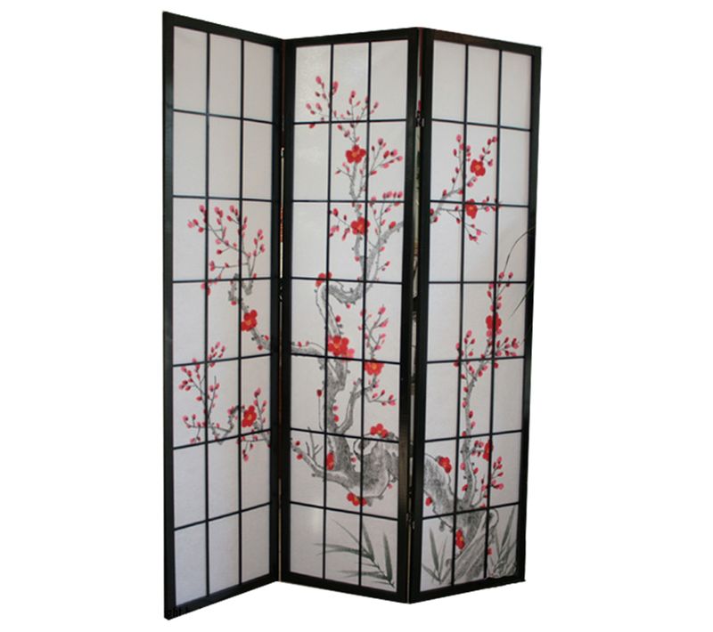 Paravent Japonais Fleur De Cerisier En Bois Noir De 3 Pans, L132 X H175 X P2 Cm
