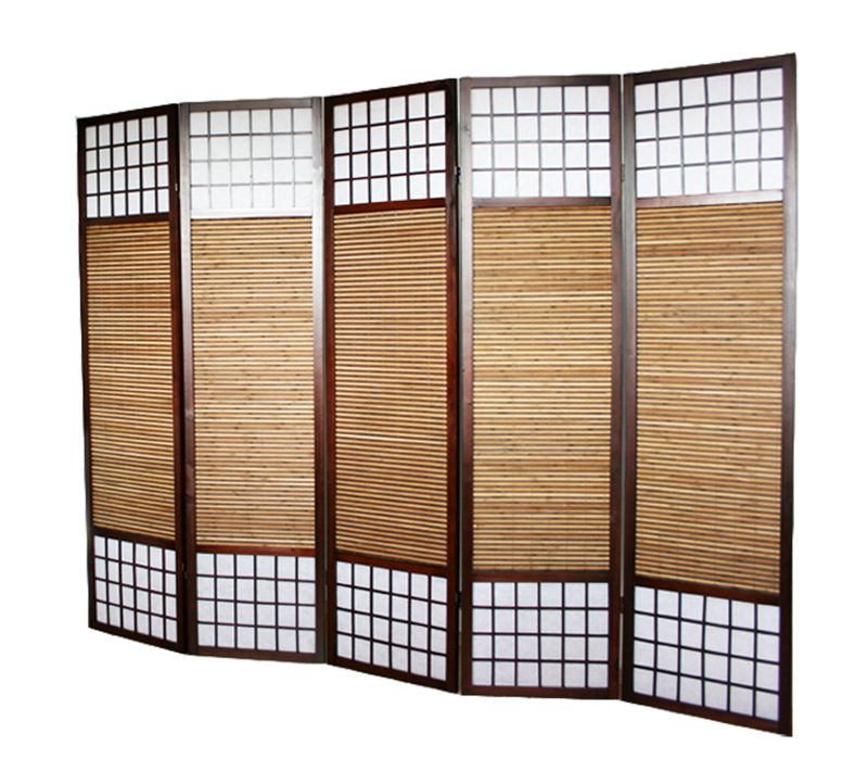 Paravent/séparateur De Pièce Japonais En Bois Avec Bambou De 5 Panneaux Coloris Marron