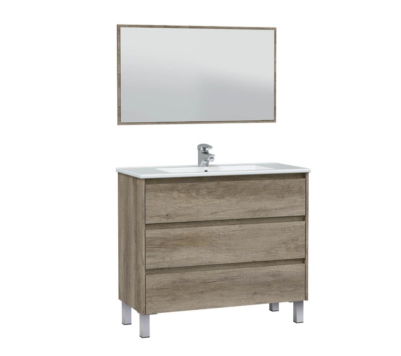 Meuble Salle De Bain Avec 3 Tiroirs Et Piètement + Miroir Coloris Nordik.