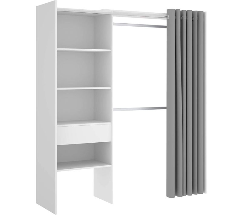 Armoire Dressing Extensible Avec Rideau + 1 Tiroir Coloris Blanc - L. 110-160 X H. 205 X P. 50 Cm