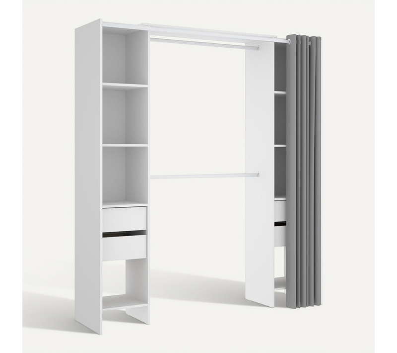 Armoire Dressing Extensible Avec Rideau + 4 Tiroirs Coloris Blanc - L. 100-180 X H. 203 X P. 50 Cm