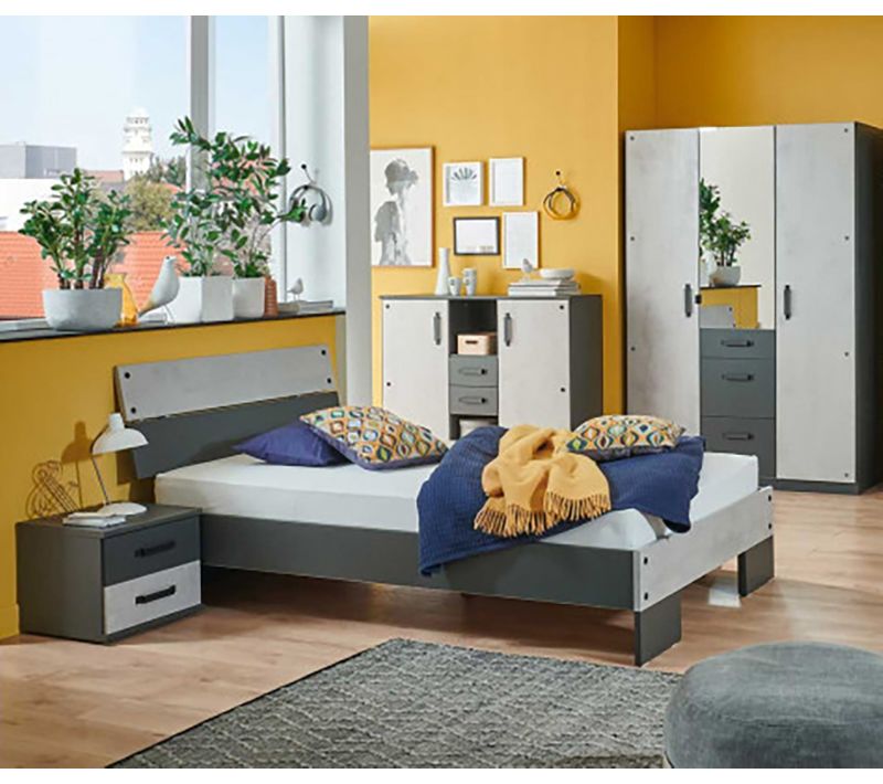 Chambre à coucher Enfant (lit 140x200 Cm + 1 Chevet + Buffet + Armoire) béton clair/graphite