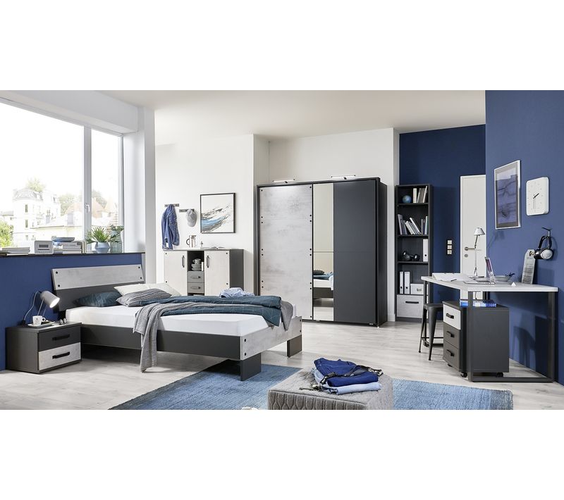 Chambre à Coucher Complète Enfant Coloris Imitation Béton Clair/graphite - 90x200 Cm