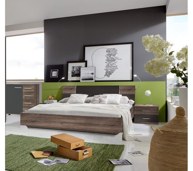 Chambre à Coucher Complète Adulte (lit king size 180x200 Cm + 2 Chevets + Commode )
