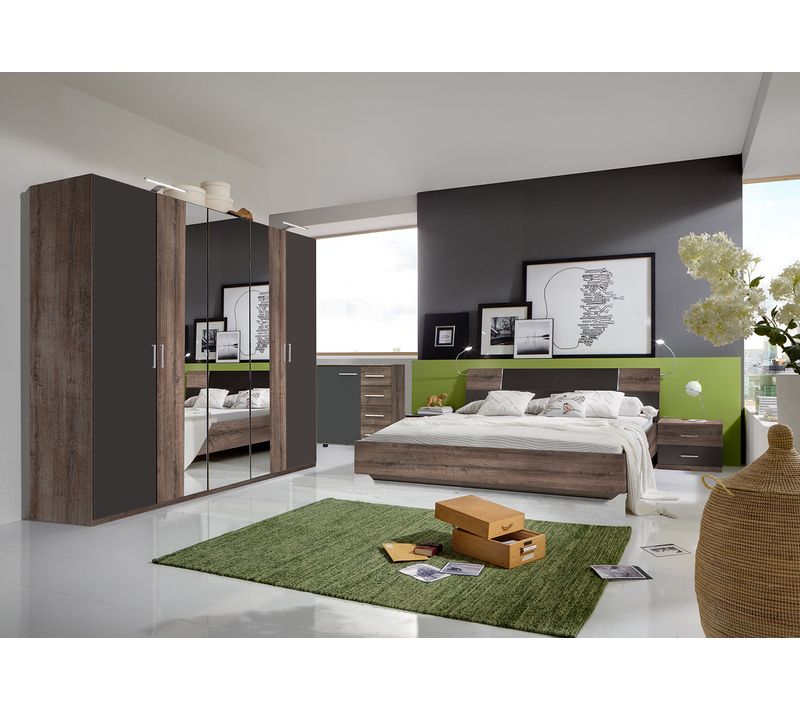 Chambre à Coucher Complète Adulte (lit queen size 160x200 Cm + 2 Chevets + Armoire + Commode )