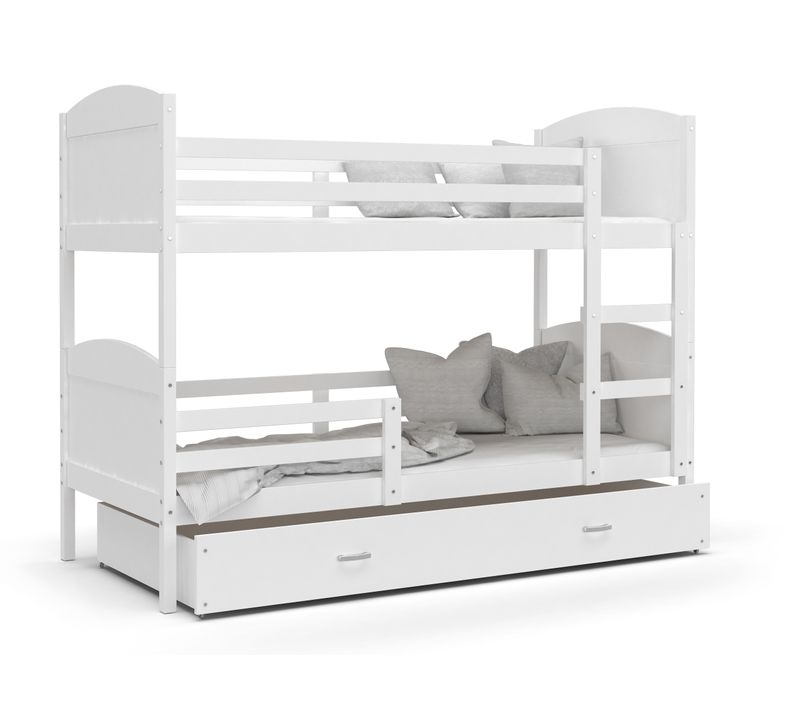 Lit Superposé Mateo 80x160 Blanc + Matelas + Sommiers Et Tiroir