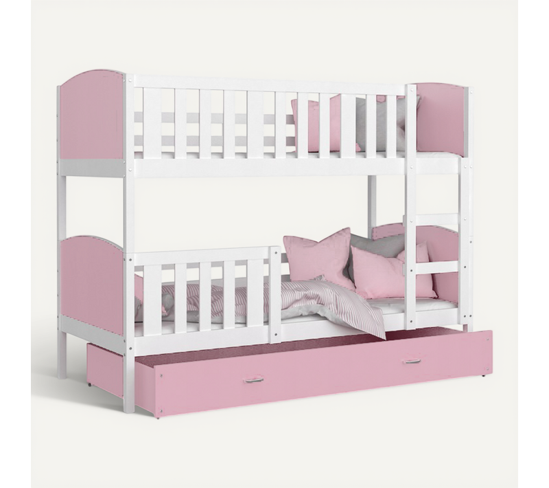 Lit Superposé Tomy 90x190 Tiroir + Matelas Blanc - Rose