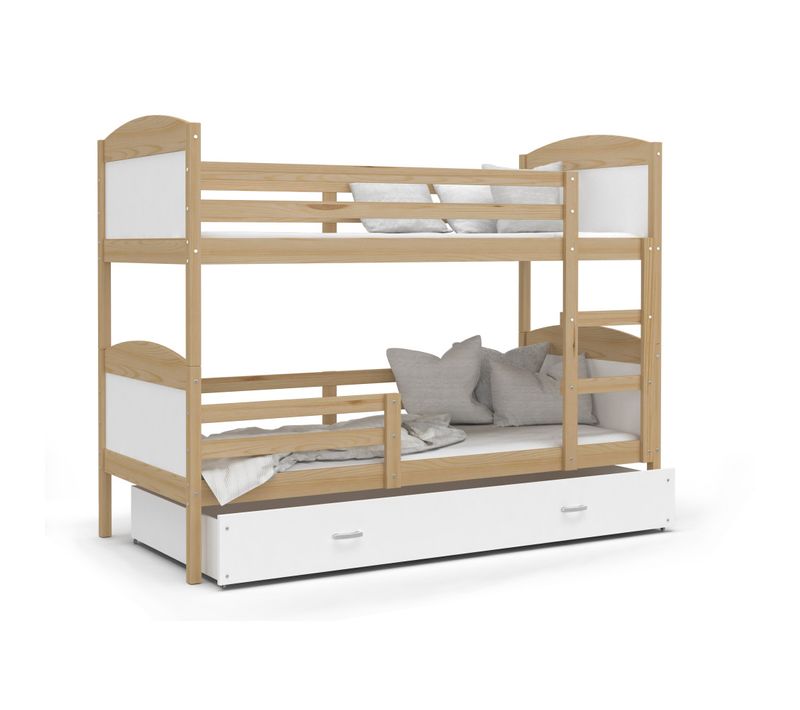 Lit Superposé Mateo 90x190 Pin - Blanc Livré Avec Sommiers, Tiroir Et Matelas En Mousse De 7cm