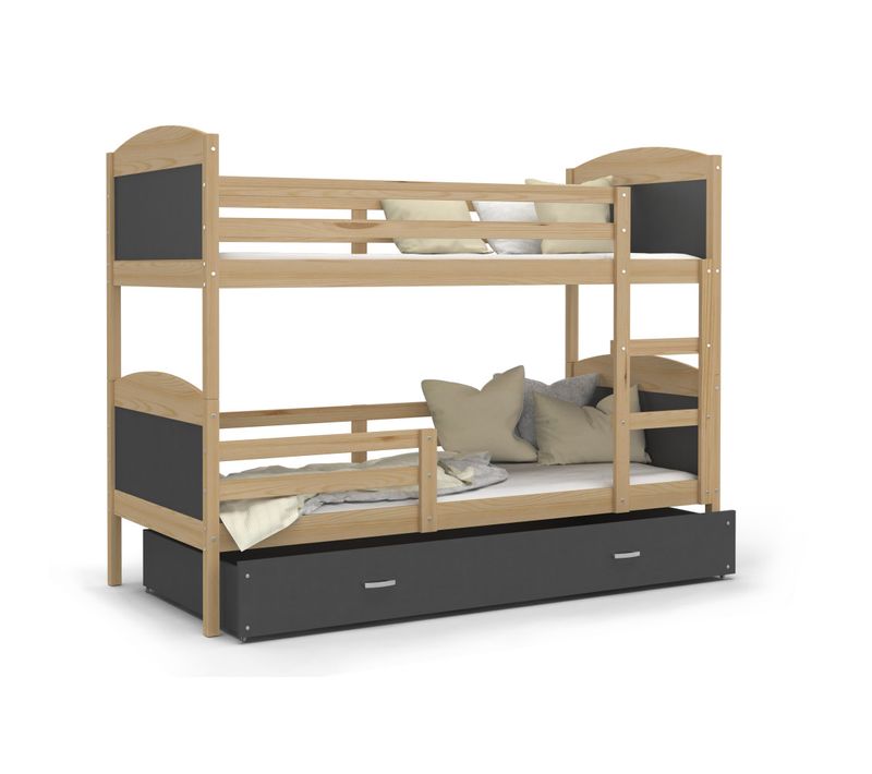 Lit Superposé Mateo 90x190 Pin - Gris Livré Avec Sommiers, Tiroir Et Matelas En Mousse De 7cm
