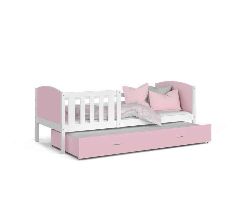 Lit Gigogne Tomy 90x190 Blanc - Rose Livré Avec Sommiers, Tiroir Et Matelas En Mousse De 7cm