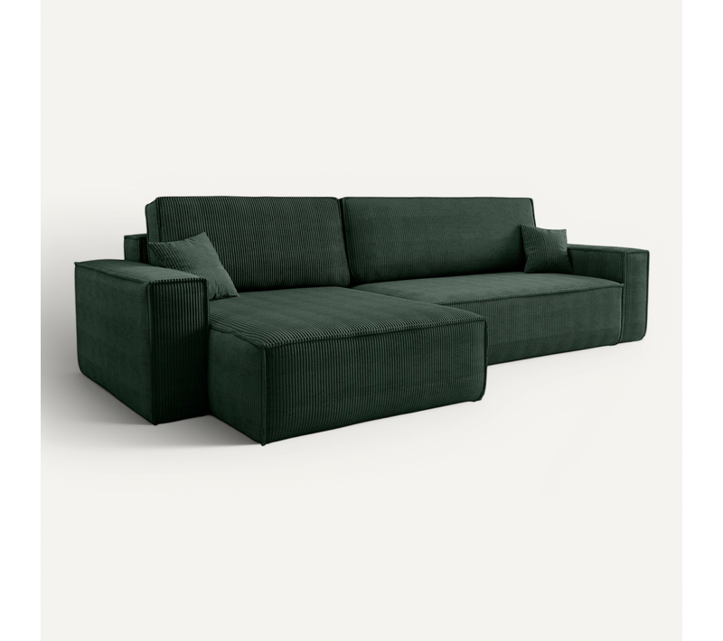 Canapé D'angle Réversible Convertible Fonction De Couchage Karl XL Velours Côtelé Vert Bouteille