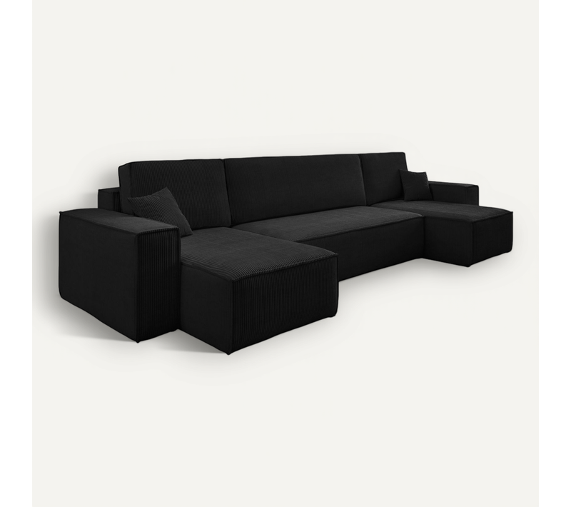 Canapé D'angle Réversible Convertible Avec Fonction De Couchage Karl U Coffre Velours Côtelé Noir