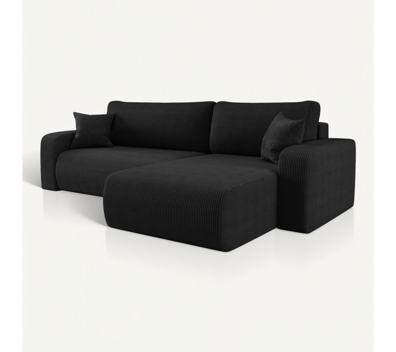 Canapé D'angle Réversible Convertible Avec Fonction De Couchage Piano XL Coffre Velours Côtelé Noir