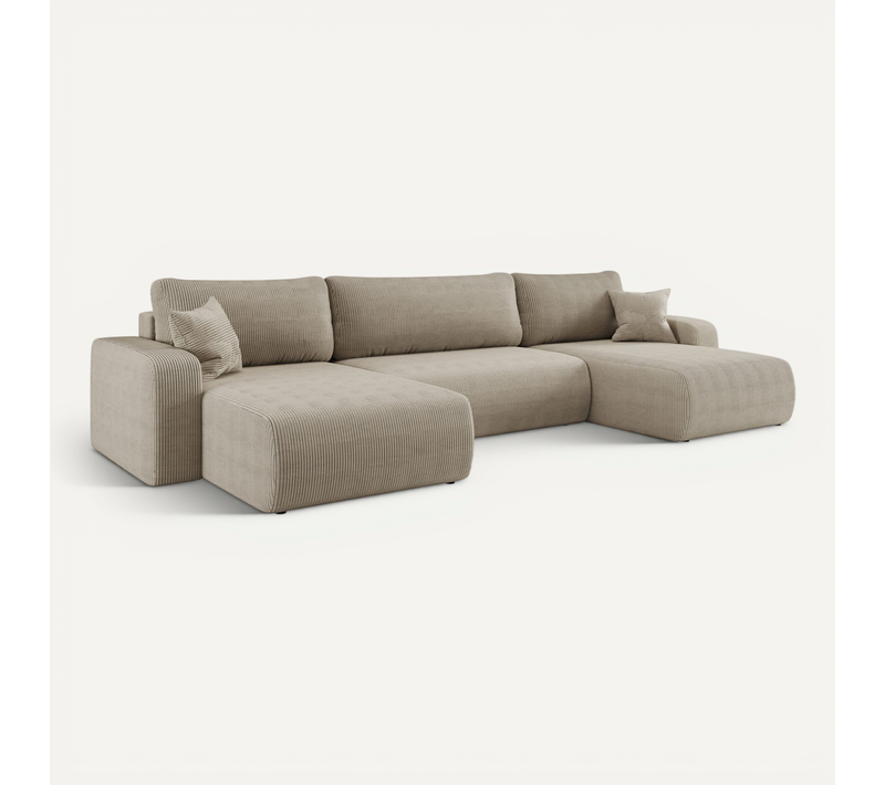 Canapé D'angle Convertible En Velours Côtelé Piano U Avec Coffre - Beige