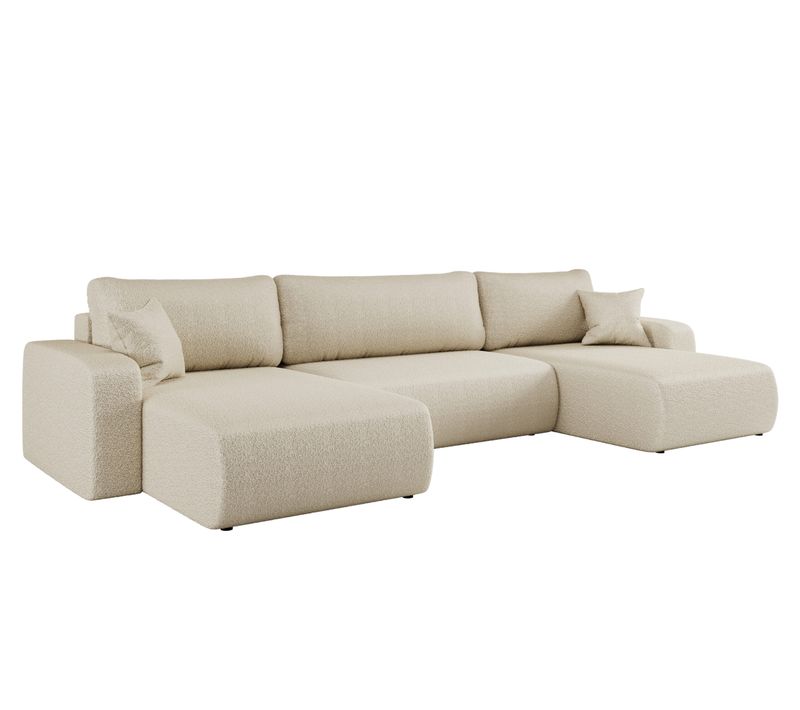 Canapé D'angle Convertible En Tissu Bouclette Piano U Avec Coffre - Beige