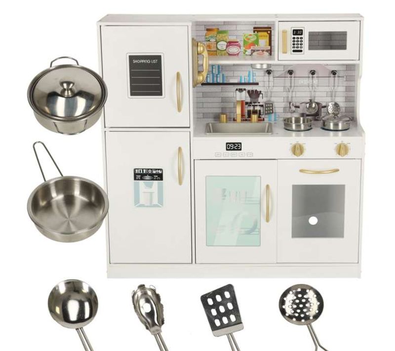 Cuisine Pour Enfant En Bois Avec Réfrigérateur Liste De Courses LED Lumière + Accessoires 80cm
