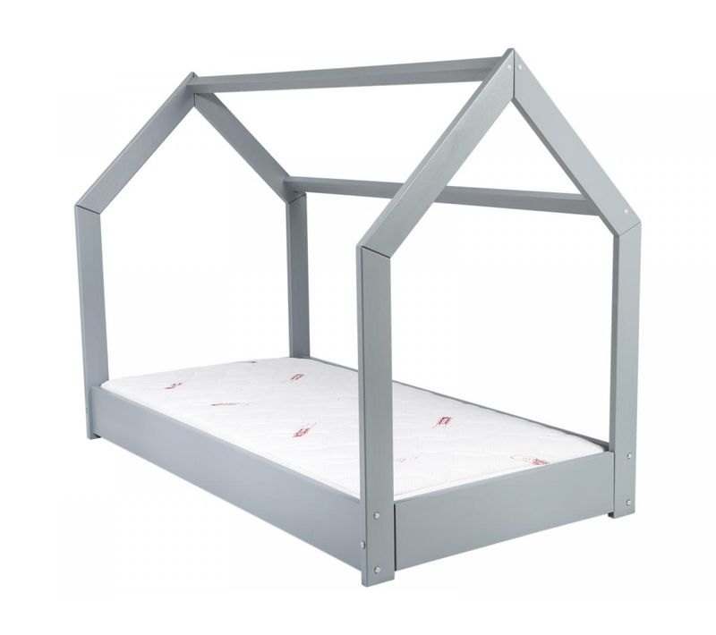 Lit Maison Cabane 160x80cm Avec Matelas Standard En Gris Pour Enfants