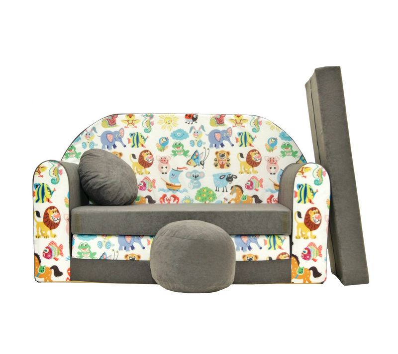 Nino Canapé Convertible Lit Pour Enfant Avec Pouf Et Coussin Animaux Gris