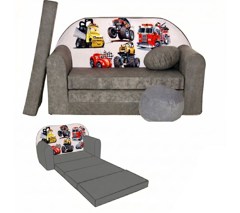 Nino Canapé-lit Enfant Avec Pouf Et Coussin Véhicules Gris