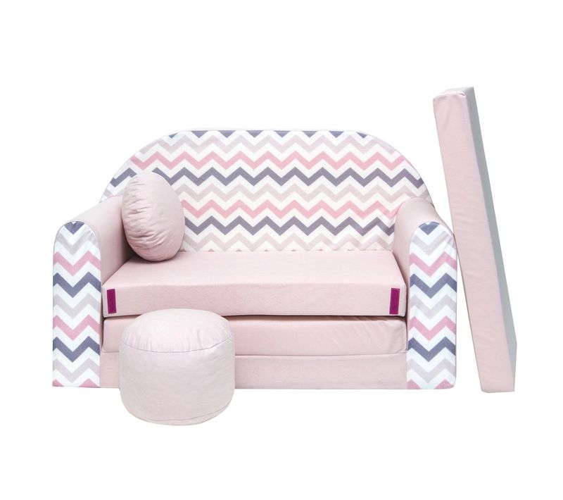 Nino Canapé Convertible Lit Pour Enfant Avec Pouf Et Coussin Rose Avec Zigzag
