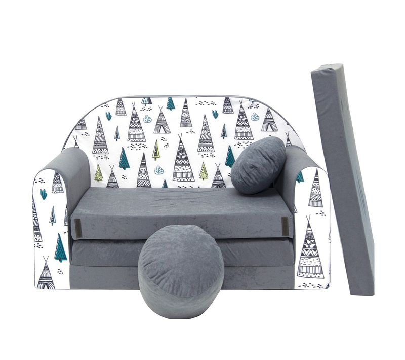 Nino Canapé Convertible Lit Pour Enfant Avec Pouf Et Coussin Gris Avec Tipi