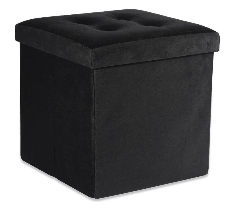 Pouf Pliable L à Boutons - 38x38x38cm Velours Noir 38x6x38