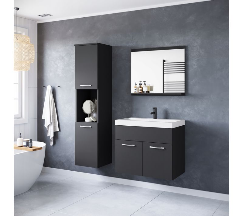 Salle De Bain Suspendue Lavabo Miroir + Colonnes Noir Mat