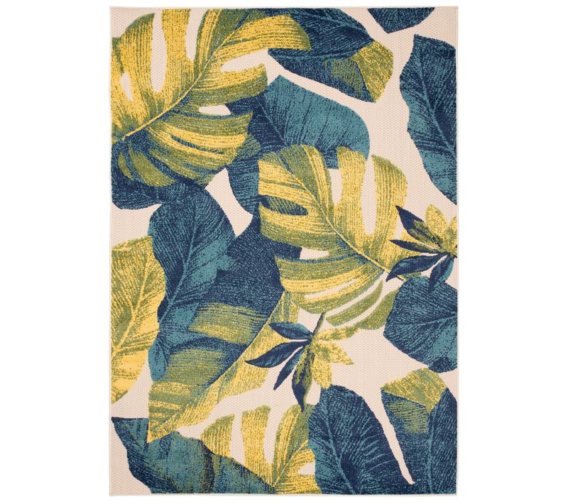 Tapis Extérieur Intérieur Vert Bleu Jaune Crème Feuilles 120x170 cm