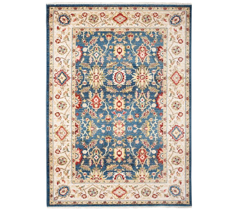 Tapis Salon Bleu Crème Rouge Beige Vert Oriental Franges Fin 160x225cm