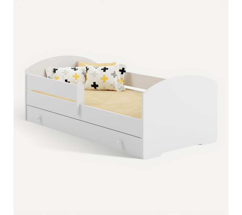 Lit enfant Luk blanc 160x80 en ensemble avec un tiroir, une balustrade, un matelas et un sommier