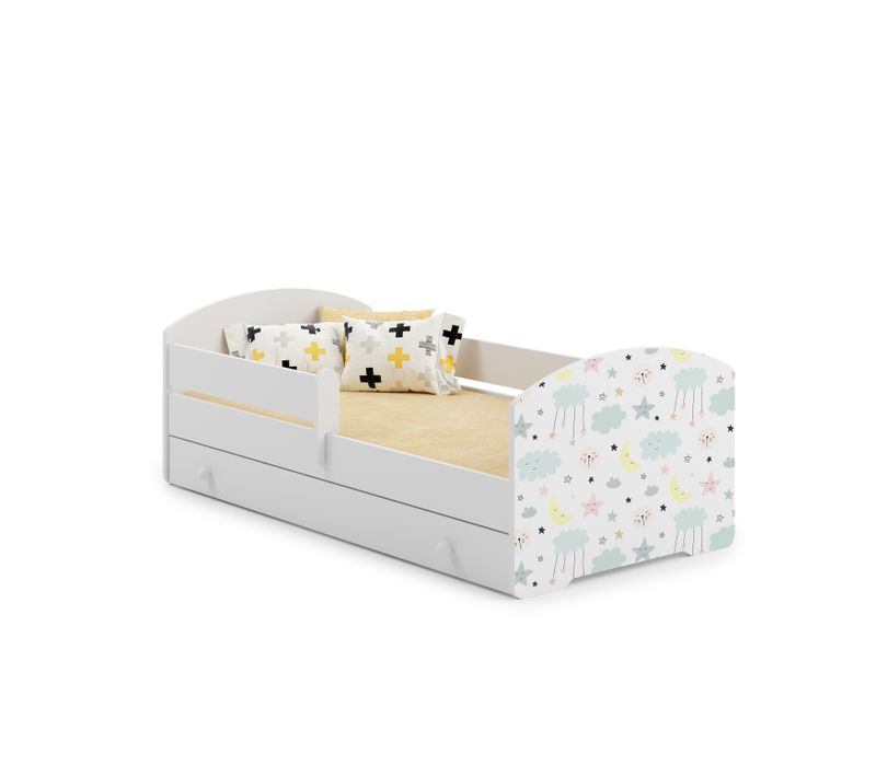 Lit Enfant+ Tiroir + Matelas + Barrière De Sécurité 140x70 Avec Graphisme Enfant