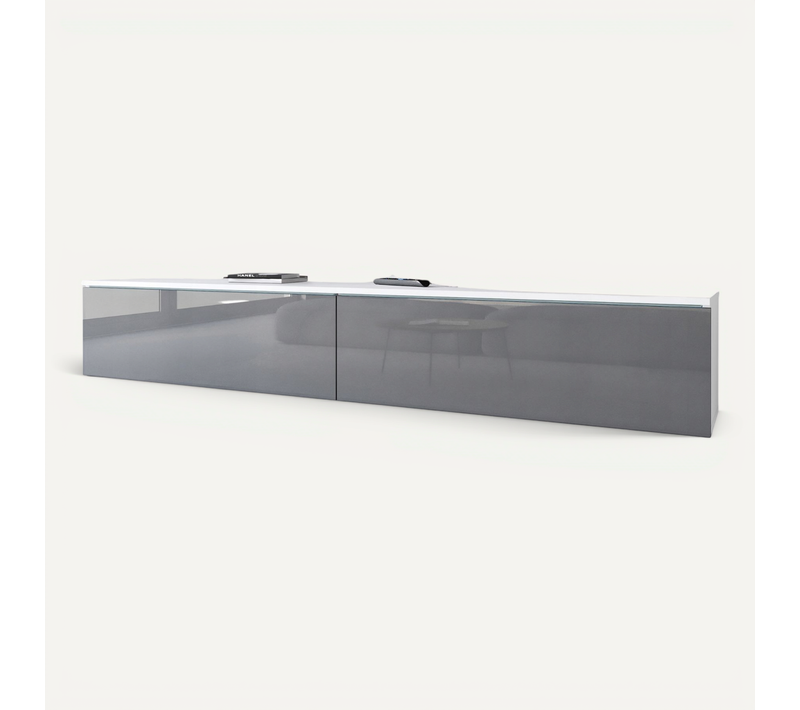 Meuble TV 180 Cm LED 2 Portes Blanc Mat / Gris Brillant Suspendu Ou Posé