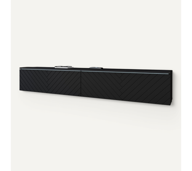 Meuble TV 180 Cm LED 2 Portes Mdf Chevrons Noir Mat, à Poser/suspendre