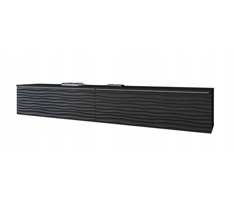 Meuble TV 180 Cm LED 2 Portes Façades Mdf Ondulées Noir Mat, à Poser/suspendre