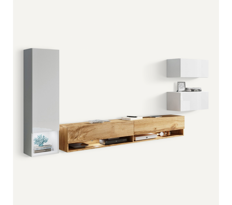 Meuble Mural TV Suspendu LED 180 Cm Colonne + Meubles Blanc Brillant / Chêne Wotan