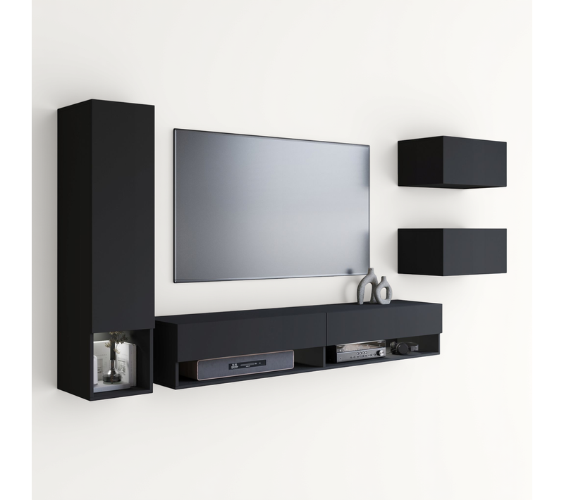 Mur TV Suspendu LED 180 Cm Colonne + Meubles Noir Mat