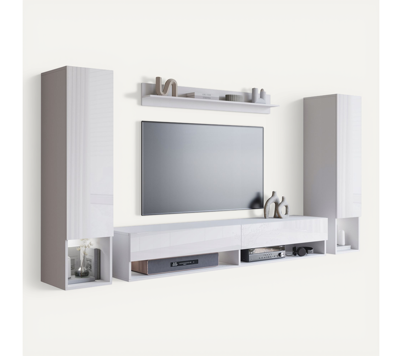 Mur TV Suspendu LED 180 Cm 2 Colonnes + étagère Blanc Mat / Blanc Brillant