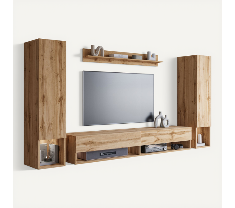 Mur TV Suspendu LED 180 Cm 2 Colonnes + étagère Chêne Wotan